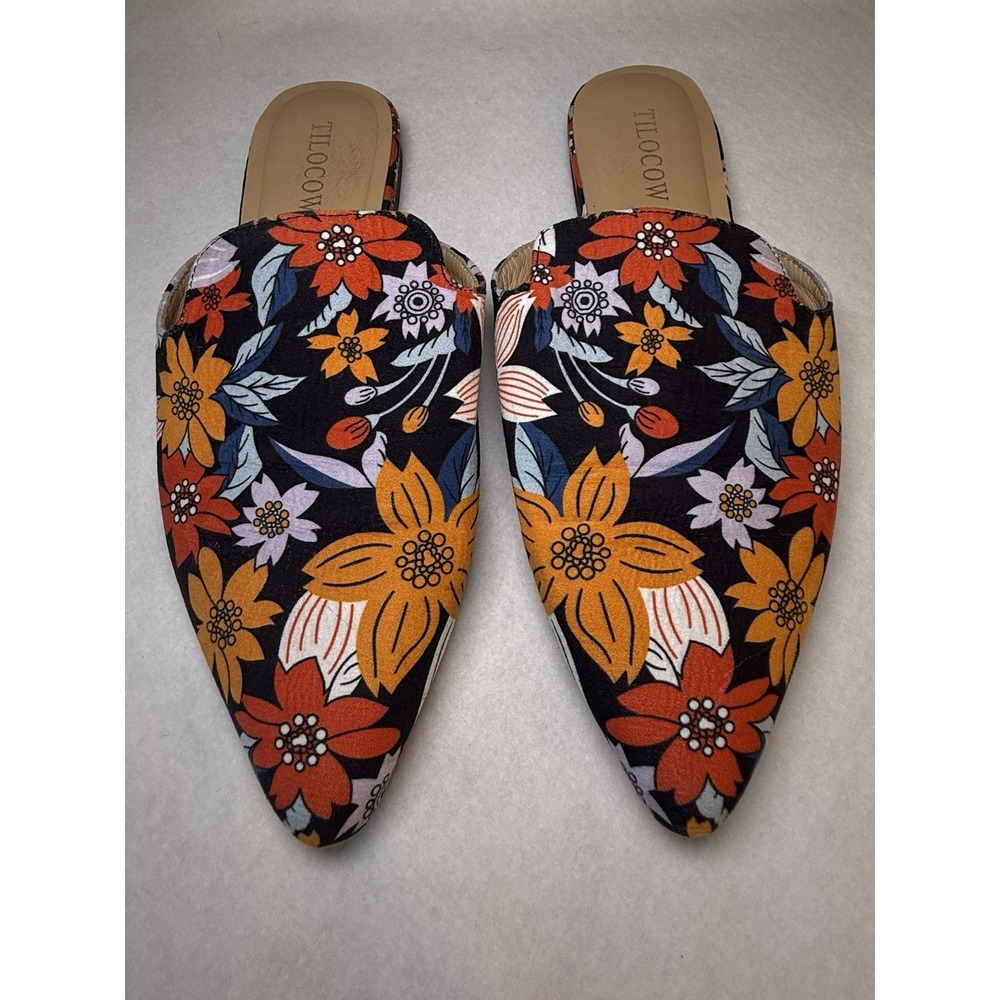 TILOCOW Pointed Toe Mule Slides Size 9 Floral Print Black Orange Slip On Shoes